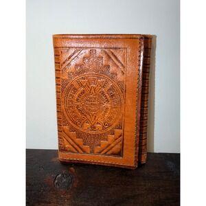 Hand Tooled Leather Bi Fold Wallet Guadalajara Aztec Sun Stone Design Mens